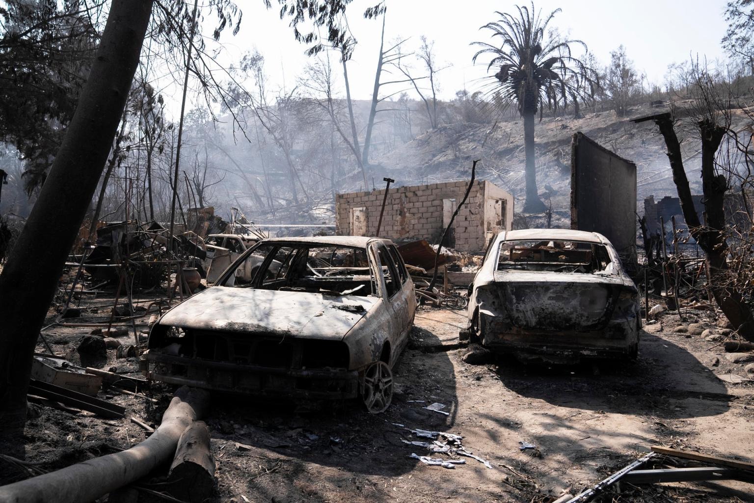 Imagen que muestra autos calcinados afuera de la vivienda de Patricia Araya, conocida como "La Pati", funcionaria del Jardín Botánico de Viña del Mar y quien murió presa de las llamas junto a su madre y sus dos nietos, de 9 y un año, en Viña del Mar (Chile). Foto de EFE/ Adriana Thomasa